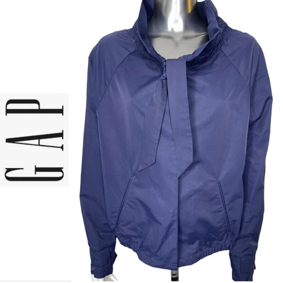 🛍️3/$40 Gap Jacket Cinched Collar Blue Ruffle Tie Neck Jacket Size Medium - Picture 1 of 5